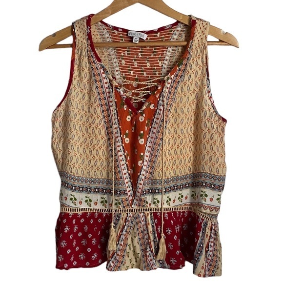 PATRONS OF PEACE BOHO RED/BEIGE/BLUE LACE-UP TANK TOP SIZE EXTRA‎ SMALL - Picture 1 of 4